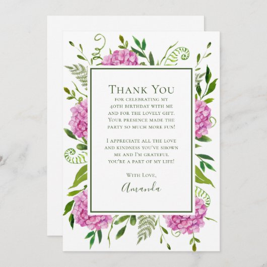Pink Hydrangeas 40th Birthday  サンキューカード (正面/裏面)