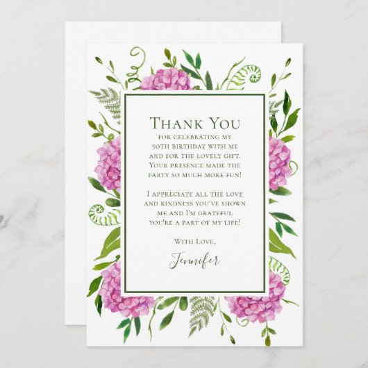 Pink Hydrangeas 50th Birthday  サンキューカード (正面/裏面)