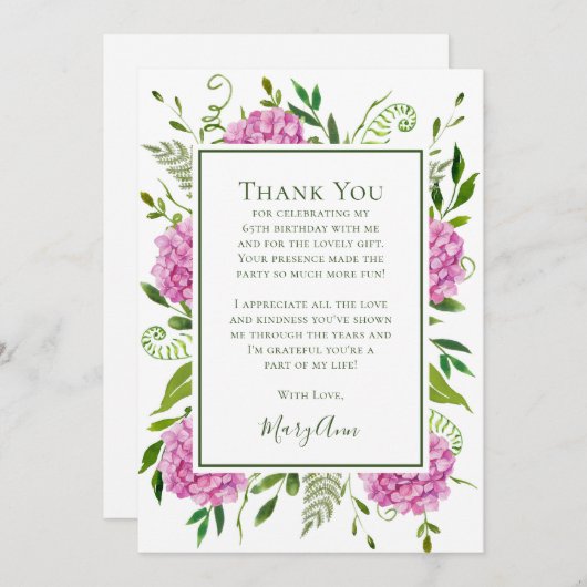 Pink Hydrangeas 65th Birthday  サンキューカード (正面/裏面)
