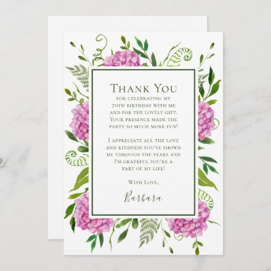 Pink Hydrangeas 70th Birthday サンキューカード (正面/裏面)