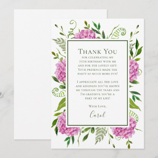 Pink Hydrangeas 75th Birthday  サンキューカード (正面/裏面)