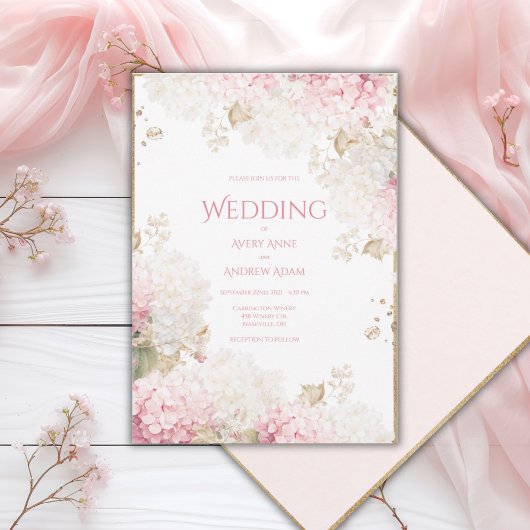 Pink Hydrangeas Elegant Gold Wedding Invitation 招待状