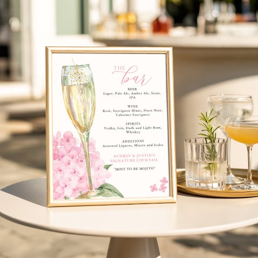 Pink Hydrangeas & Gold Glass Bar Menu ポスター