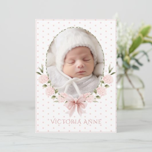 Pink  Hydrangeas Vintage Birth Announcement 招待状 (スタンド正面)