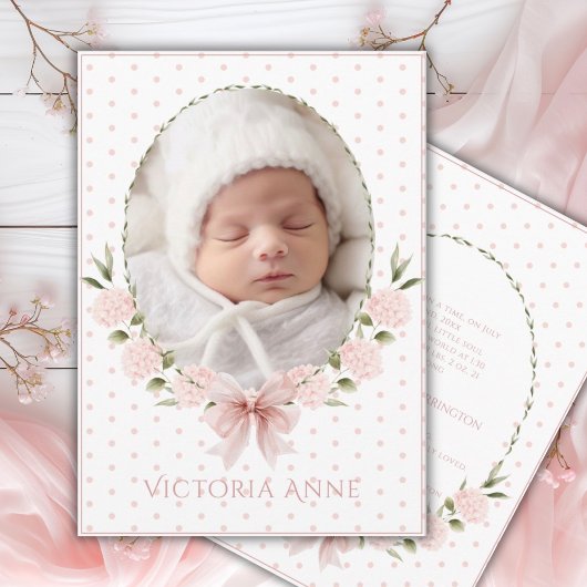 Pink  Hydrangeas Vintage Birth Announcement 招待状
