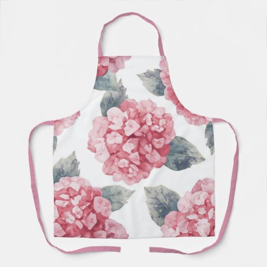 Pink Hydrangeas Watercolor Floral Blooms Painting エプロン (正面)