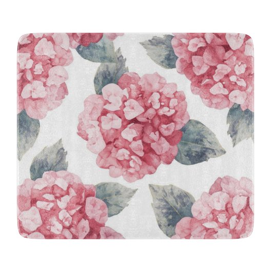 Pink Hydrangeas Watercolor Floral Blooms Painting カッティングボード (正面)