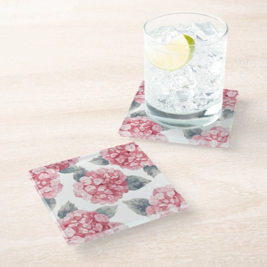 Pink Hydrangeas Watercolor Floral Blooms Painting ガラスコースター (アングル)