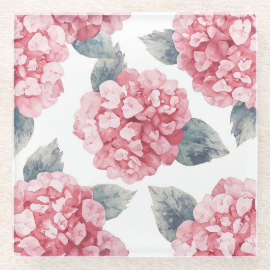 Pink Hydrangeas Watercolor Floral Blooms Painting ガラスコースター (正面)