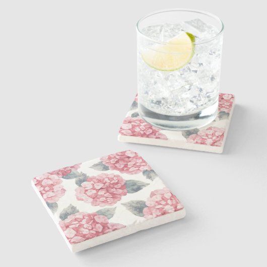 Pink Hydrangeas Watercolor Floral Blooms Painting ストーンコースター (横)