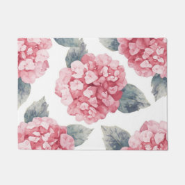 Pink Hydrangeas Watercolor Floral Blooms Painting ドアマット