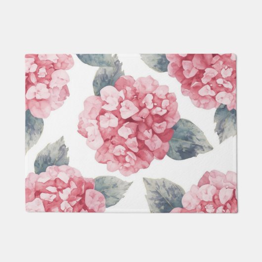 Pink Hydrangeas Watercolor Floral Blooms Painting ドアマット (正面)