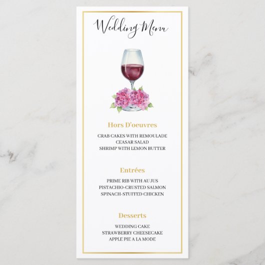Pink Hydrangeas Wine Glass Wedding Flat Menu メニュー (正面)