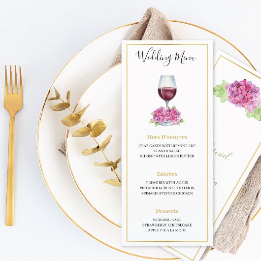 Pink Hydrangeas Wine Glass Wedding Flat Menu メニュー