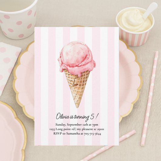 Pink Ice Cream Cone Birthday | Editable Summer 招待状