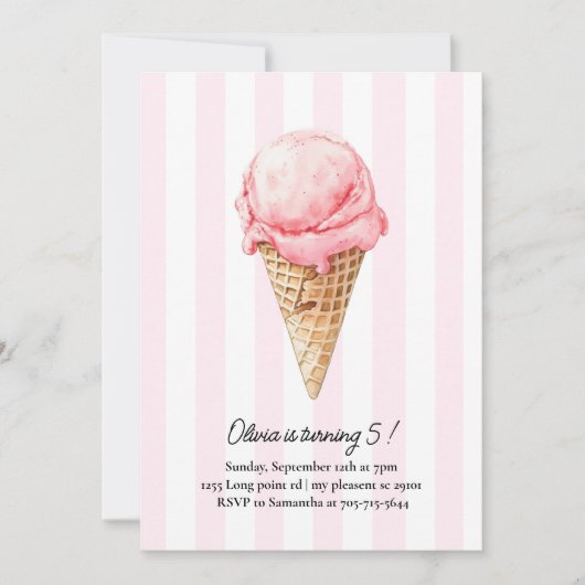 Pink Ice Cream Cone Birthday | Editable Summer 招待状 (正面)