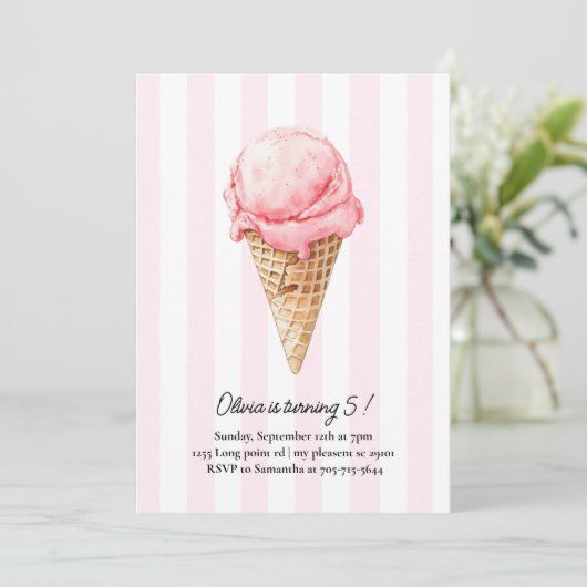 Pink Ice Cream Cone Birthday | Editable Summer 招待状 (スタンド正面)