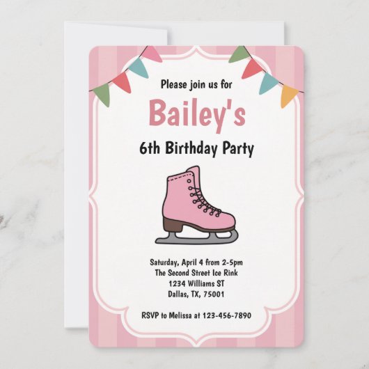 Pink Ice Skating Birthday 招待状 (正面)