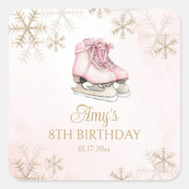 Pink Ice Skating Birthday Gold Glitter Snowflakes スクエアシール