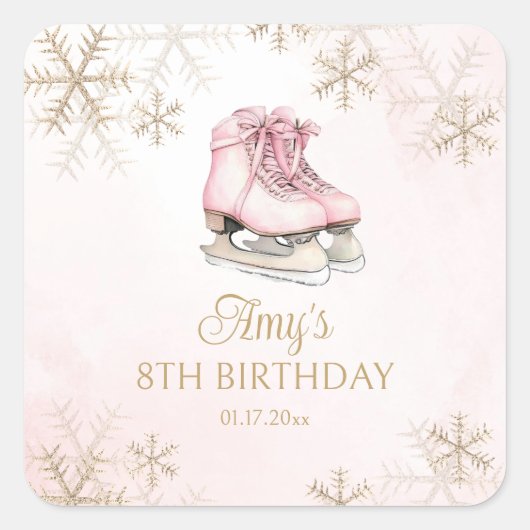 Pink Ice Skating Birthday Gold Glitter Snowflakes スクエアシール (正面)