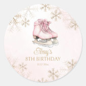 Pink Ice Skating Birthday Gold Glitter Snowflakes ラウンドシール (正面)