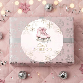 Pink Ice Skating Birthday Gold Glitter Snowflakes ラウンドシール