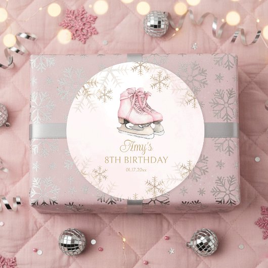 Pink Ice Skating Birthday Gold Glitter Snowflakes ラウンドシール