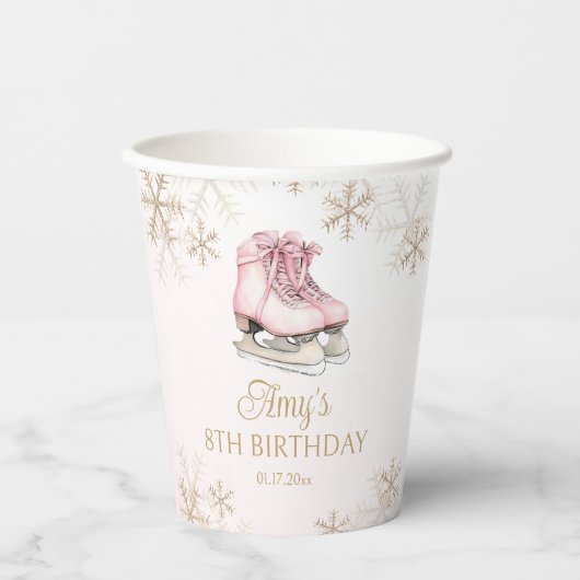 Pink Ice Skating Birthday Gold Glitter Snowflakes 紙コップ (正面)