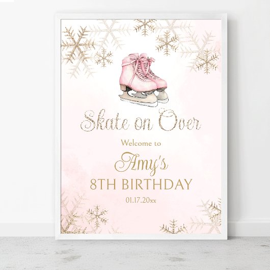 Pink Ice Skating Birthday Gold Snowflakes Welcome ポスター