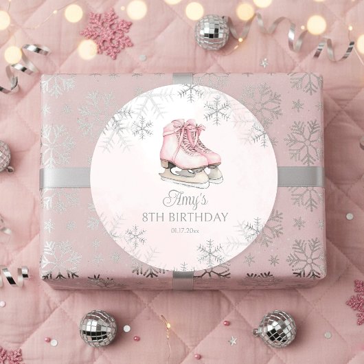 Pink Ice Skating Birthday Silver Glitter Snowflake ラウンドシール