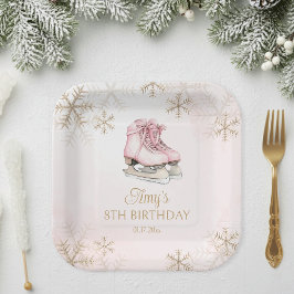 Pink Ice Skating Girl Birthday Gold Snowflakes ペーパープレート