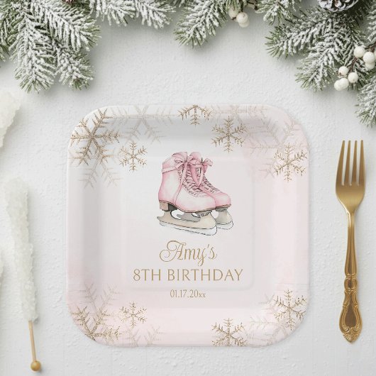 Pink Ice Skating Girl Birthday Gold Snowflakes ペーパープレート