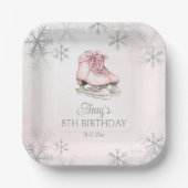 Pink Ice Skating Girl Birthday Silver Snowflakes ペーパープレート (正面)