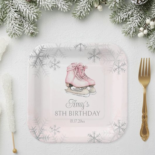Pink Ice Skating Girl Birthday Silver Snowflakes ペーパープレート