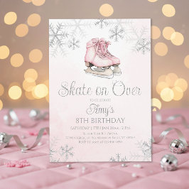Pink Ice Skating Silver Glitter Snowflake Birthday 招待状