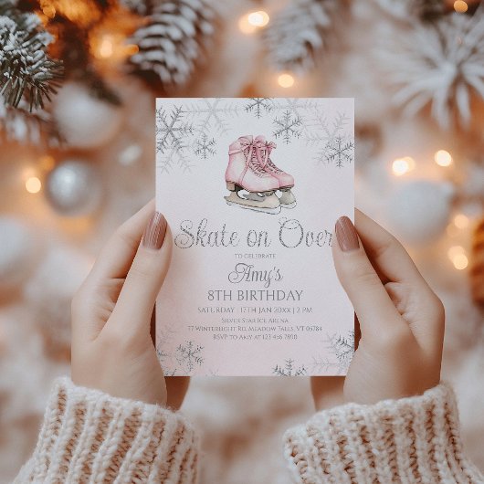 Pink Ice Skating Silver Glitter Snowflake Birthday 招待状