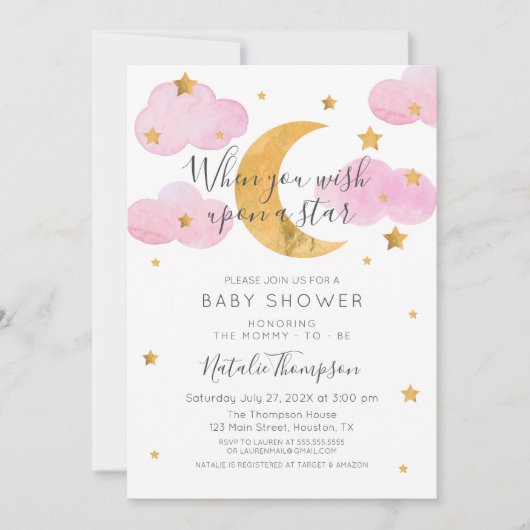 Pink Invitación Luna y las Estrellas Baby Shower 招待状 (正面)