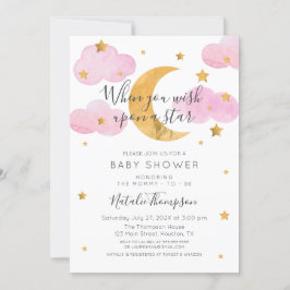 Pink Invitación Luna y las Estrellas Baby Shower 招待状