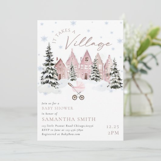 Pink It Takes A Village Baby Shower Invitation (スタンド正面)