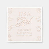 Pink It's a Girl Elegant Hand Drawn Baby Shower スタンダードカクテルナプキン (正面)