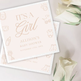Pink It's a Girl Elegant Hand Drawn Baby Shower スタンダードカクテルナプキン