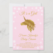 Pink It's a Girl Unicorn Winter Baby Shower 招待状 (正面)
