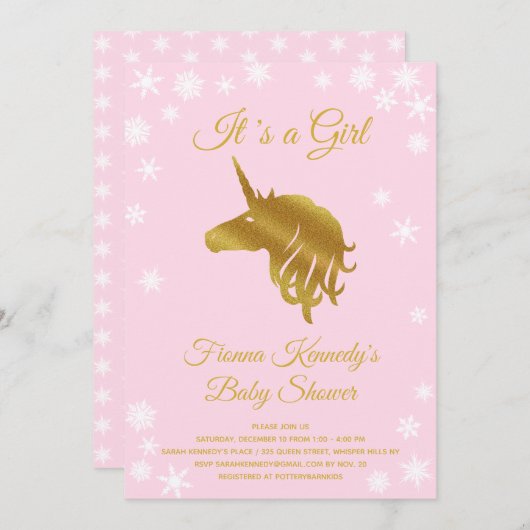 Pink It's a Girl Unicorn Winter Baby Shower 招待状 (正面/裏面)