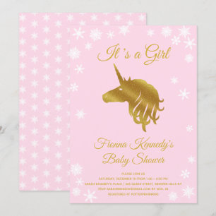 Pink It's a Girl Unicorn Winter Baby Shower 招待状