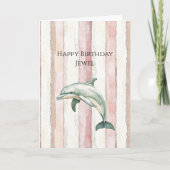 Pink Ivory Cream Stripes Dolphin Birthday カード (正面)