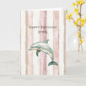 Pink Ivory Cream Stripes Dolphin Birthday カード (黄色い花)