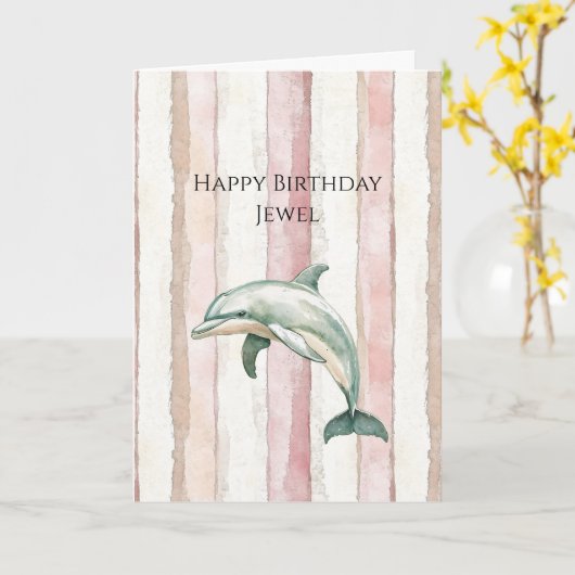 Pink Ivory Cream Stripes Dolphin Birthday カード (黄色い花)
