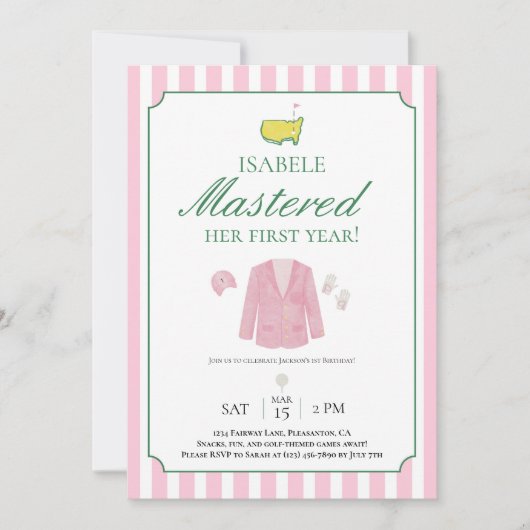Pink Jacket Golf First Birthday Invitation サンキューカード (正面)