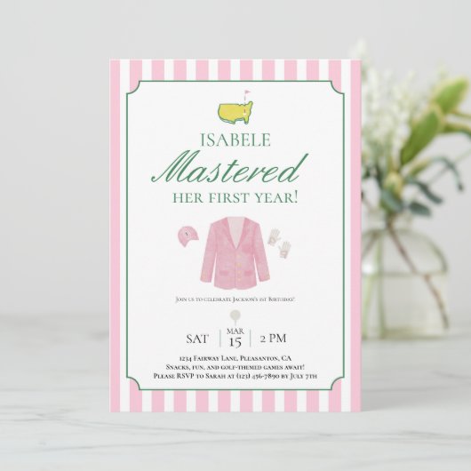 Pink Jacket Golf First Birthday Invitation サンキューカード (スタンド正面)