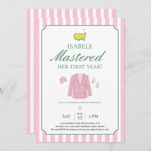 Pink Jacket Golf First Birthday Invitation サンキューカード (正面/裏面)